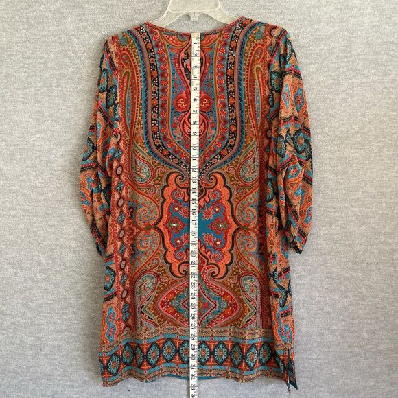Tolani Boho Silk Tunic Dress Size M Vibrant Festival Hippie Tassels Cover Up - Picture 14 of 16